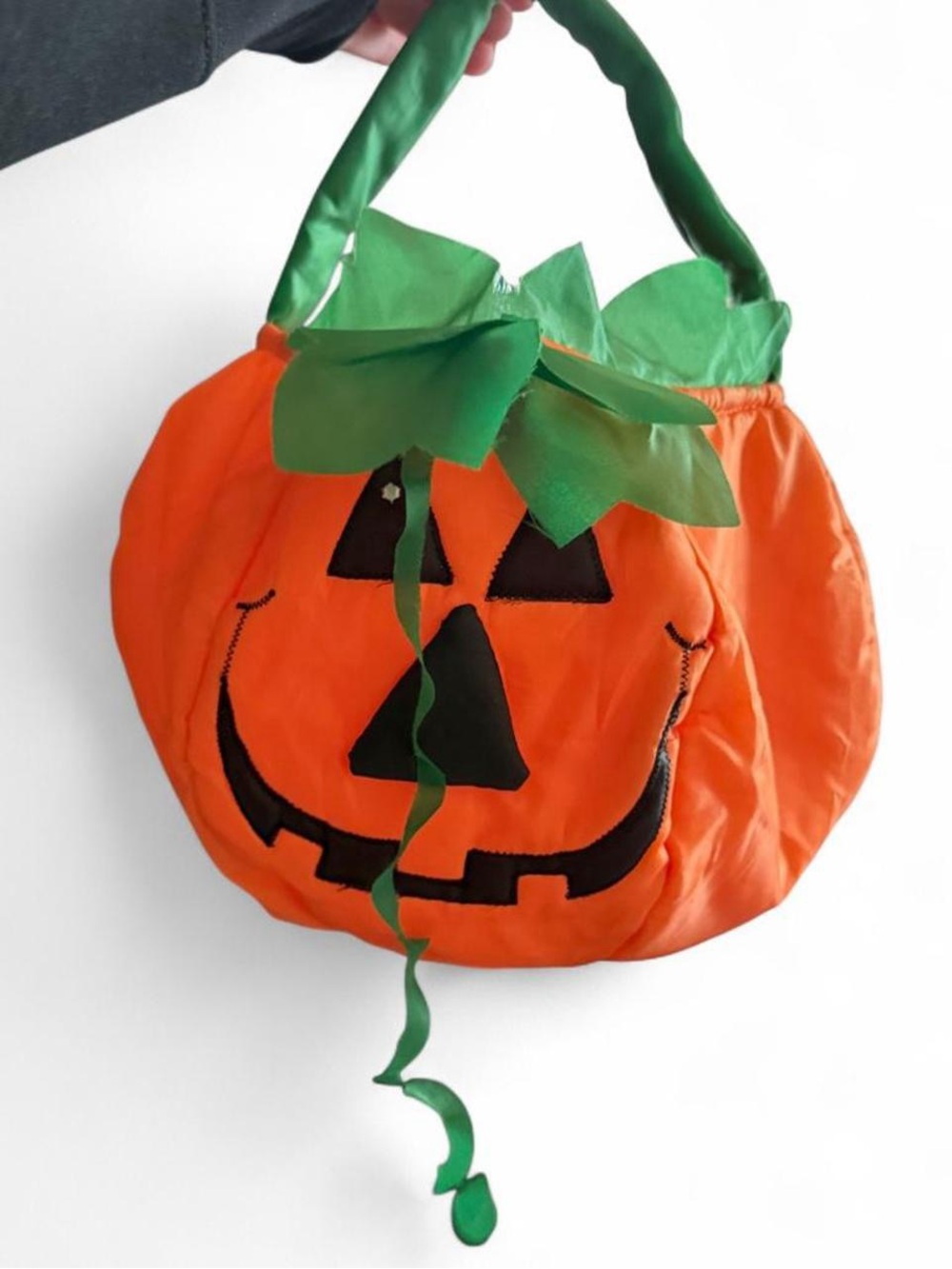 Kids Pumpkin Trick-or-Treat Bag with Green Leaf Handle